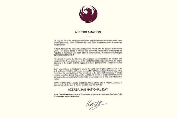ABŞ ştatında 28 May “Azərbaycan Milli Günü” elan edilib